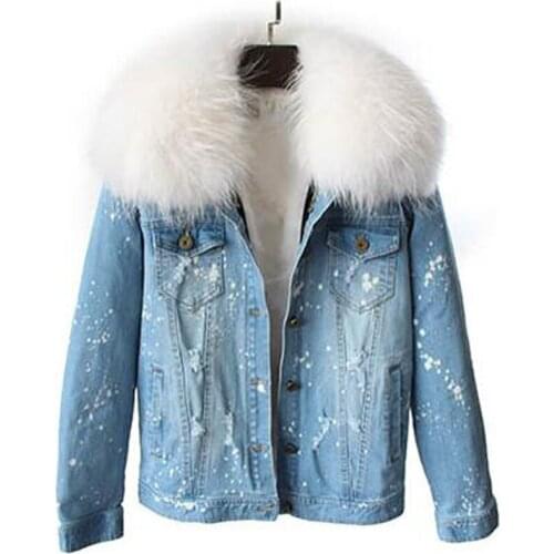 Brand 2020 Casual new fur coat winter jacket women Holes jeans denim jacket parka real raccoon fur collars fox fur liner warm