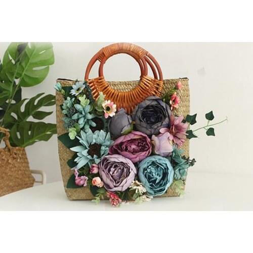 2021 NEW Summer Handmade Bamboo and Rattan Weaving Handbag Vintage Women Ring Handle ToteS Larger Capacity Flowers Woven bag