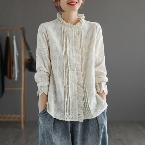 2021Spring Summer Shirts Women Casual Solid Color Lace Collar Loose Embroidery Female Wild Tees