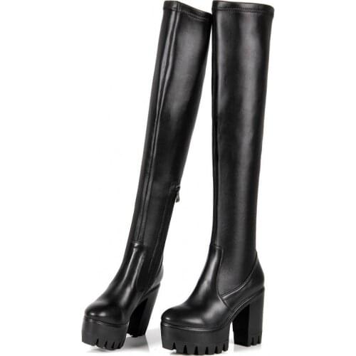Stretch High Heel Fleece Liner Womens Over the Knee Boots Genuine Leather Round Toe Thick Bottom Platform Female New Long Boots
