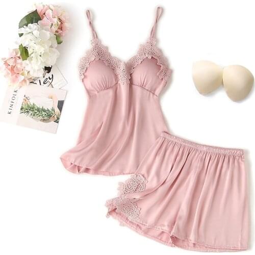 Women Lace Flower Trim 2PCS Women Pajamas Set Sexy Strap Top&Shorts With Bra Sleepwear Summer New Casual Solid Satin Nightwear