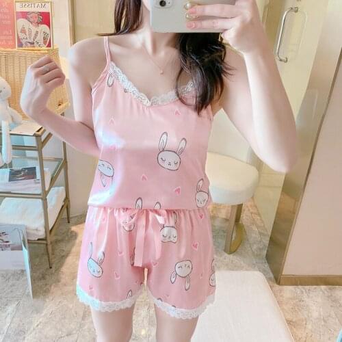 Female New Style Silk Night Pajamas Sets Women Fashion Lace Elastic Comfortable Pajamas Set Girls Sexy Shorts Set Summer pajamas