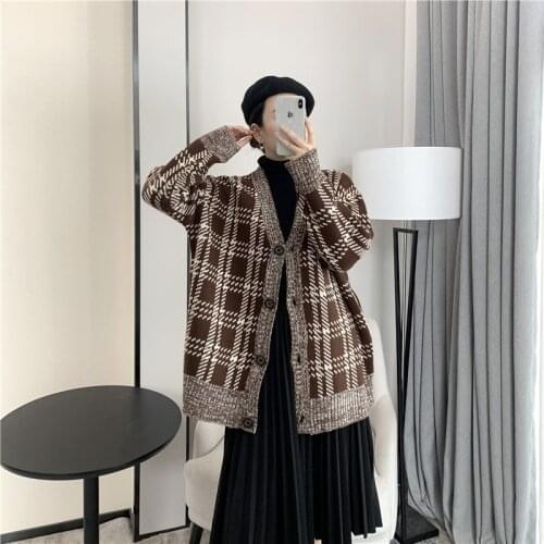 [ZAYAU]Plaid Thickened Knitted Sweater Cardigan Button Coat Korean Retro Loose Lazy Style Versatile Top Medium Length