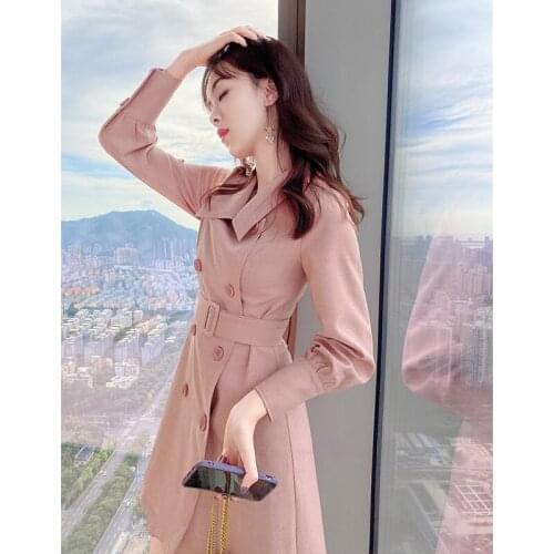 2020 Autumn New Pink Dress Double Breasted Long Sleeve Long A-line Dress Slim Female Dresses 3XL