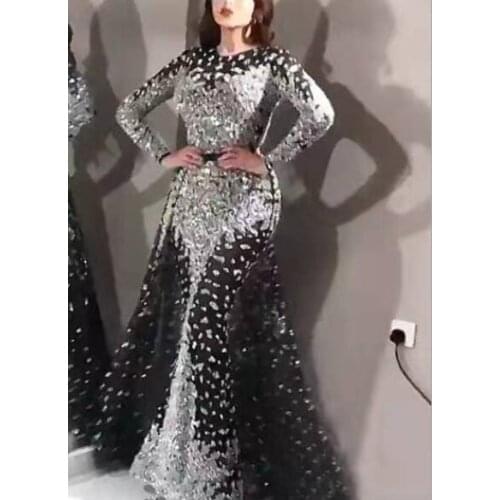 2021 New Women Sexy Long Sleeve O-Neck Sequins Bronzing Princess Dress Long Full Dress Slim Wedding Party Formal Dresses Vestido