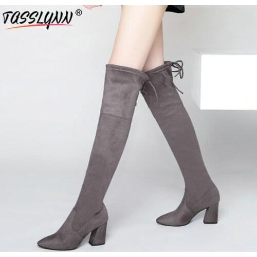 TASSLYNN 2019 Lace Up Pointed Toe Women Boots Hoof High Heel Winter Boots Over The Knee Boots Stretch Fabric Winter Women Boots