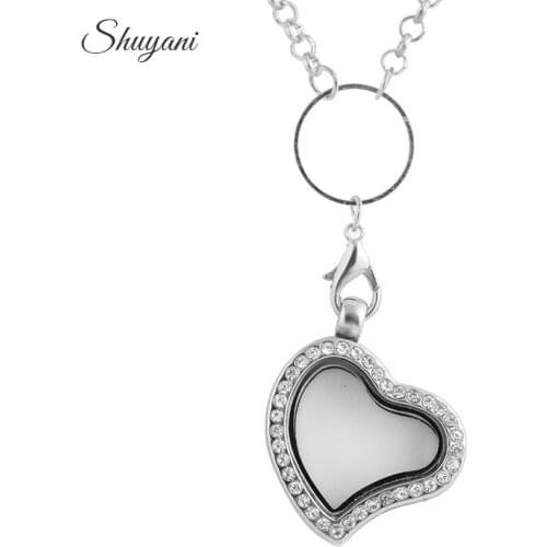 10pcs Necklace Women Rhinestone Heart Glass Living Magnetic Memory Silver Locket Necklace Pendant Heart Floating Charms Locket