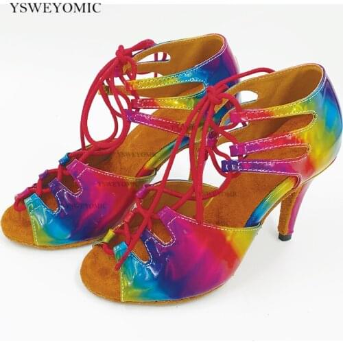 2020 Rainbow Leather Latin Ballroom Dance Shoes Women Customized Heel 3inch Suede Outsole Latin Salsa Dance Shoes For Girls