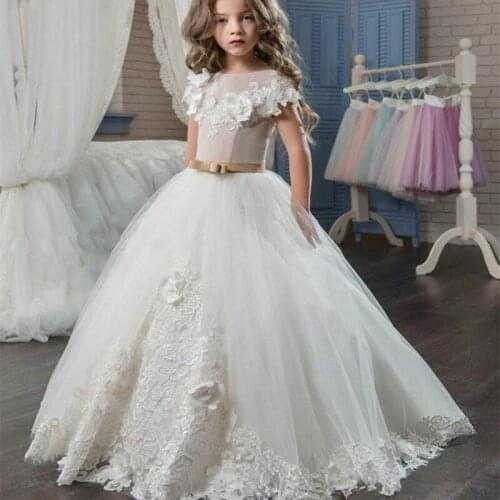 Ivory White Lace Flower Girls Dresses applique Gown Floor Length Girls First Communion Dress Princess Dress