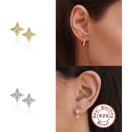 BOAKO 925 Sterling Silver Four Pointed Star Stud Earrings For Women Cubic Zirconia Diamond Tiny Star Cartilage Ear Studs Jewelry