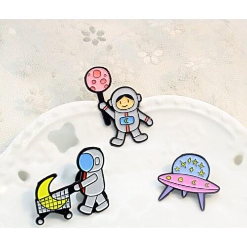 Astronauts water flowers on the moon Enamel Brooch Star UFO Shopping cart moon Planet lollipop Lapel Pin bag custom Badge