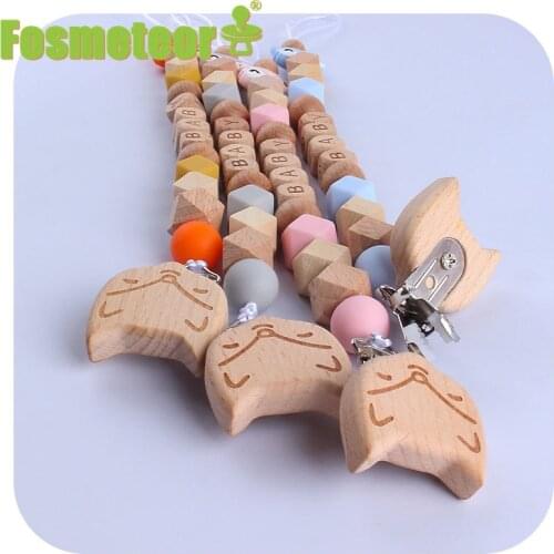 Fosmeteor Food Grade Fox Beech Wooden Silicone Teether Baby Rodent Bracelet Teething Chain Nursing Infant Pacifier Clips Set