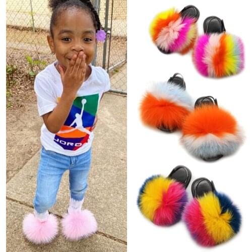 Baby Fur Slides Kids Real Fox Fur Slippers Plush Fluffy Children Fur Flip Flops Fashion Baby Girl Heel Strap Toddler Shoes