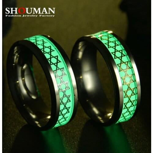 SHOUMAN Luminous Glowing in the Dark Star of David Inlay Hexagram Green Background Men Women Fluorescent Rings