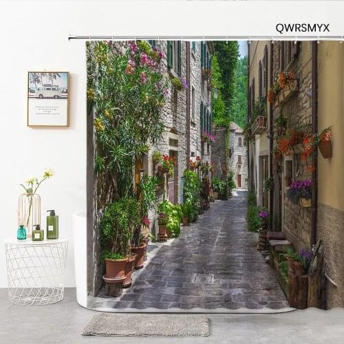 Japanese Small Fresh Romantic Street 3D Bathroom Curtain Town Streets Landscape Shower Curtains Washable Fabric Bathroom Product