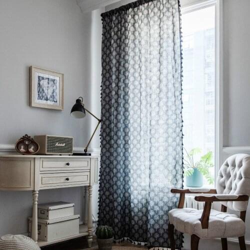 Cilected Small Tree Print Tube Curtain Black Tassel Cotton And Linen Semi-Shade Bay Window Curtain Home Decoration Door Curtain