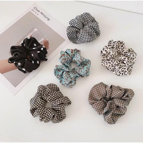 2PCS Korea Vintage Hair Scrunchies For Women Elastic Hair Band Houndstooth Leopard Print Hair Ring Hair Accessories Hair Rope