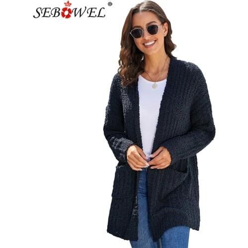 SEBOWEL Autumn Winter 2020 Woman Popcorn Knit Long Cardigans Sweaters Female Knitwear Coat with Pockets Loose Casual Cardigan