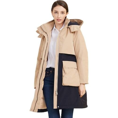 2019 winter women medium-long down jacket windproof hooded collar outerwear office lady color matching design khaki with black