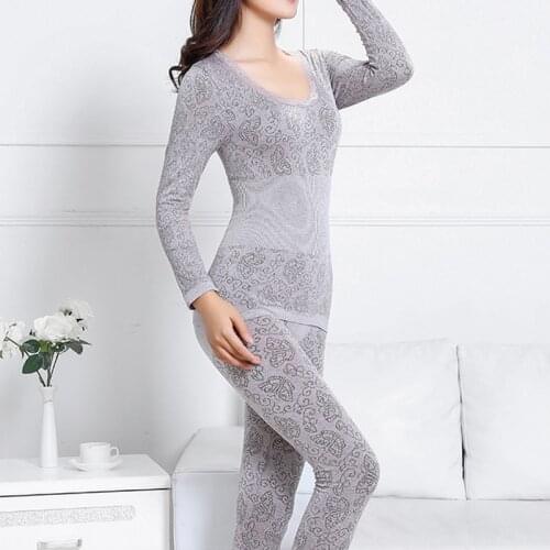 Women Autumn Winter Thermal Underwear Top + Pants Two-Piece Set Soft Comfortable Warm Slim-Fit High Elasticity Thermal Underwear