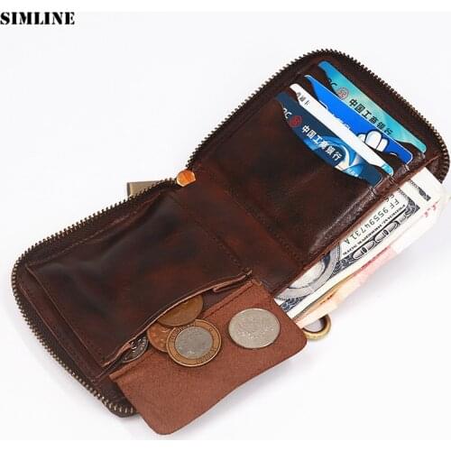 2020 100% Genuine Leather Wallet For Men Women Vintage Mens Short Zipper Wallets Purse With Card Holder Coin Pocket Money Bag