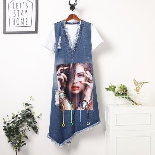 2021 New Vintage Sleeveless Print Denim Dress Plus Size Irregular Loose Jeans Dress Female V Neck Vest Tassel Summer Dress