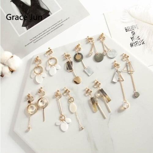 Grace Jun Top Quality Natrual Shell CZ Wood Bead Pearl Geometric Clip on Earrings No Pierced for Women Gorgeous No Hole Earrings