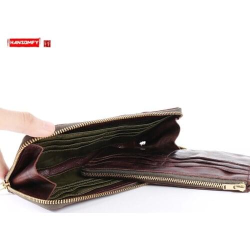 Long Wallet Men Handmade Split Purse Card Holder Zipper Wallets Simple Mens Clutch Bags 2021 New Original First Layer Leather
