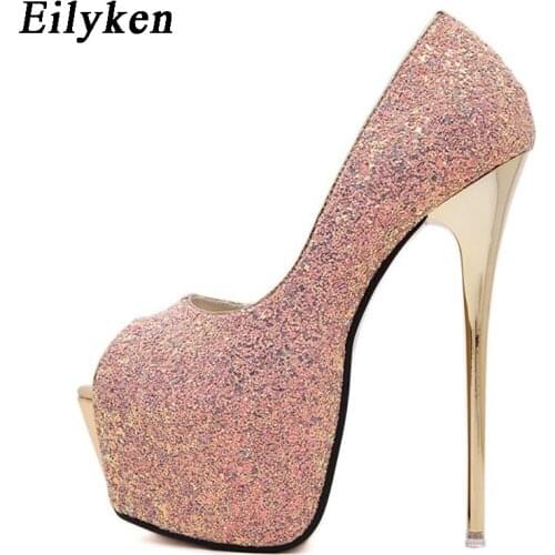 Eilyken Bling Women Pumps high heels Womens Sexy Peep Toe Pumps Platform shoes White Black Pink Wedding Party shoes size 34-40