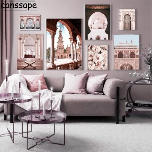 Islamic Canvas Print Mosque Building Art Poster Pink Flower Prints Moroccan Door Painting Modern Wall Pictures Living Room Decor