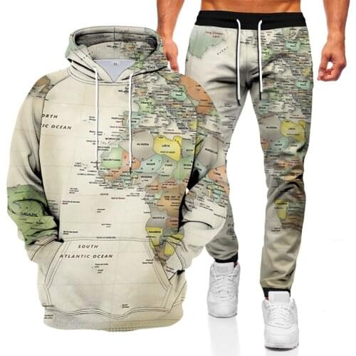 Summer 3D map printing logo mens suit casual daily light 2-piece hooded sweater jogging sports suit men 2021