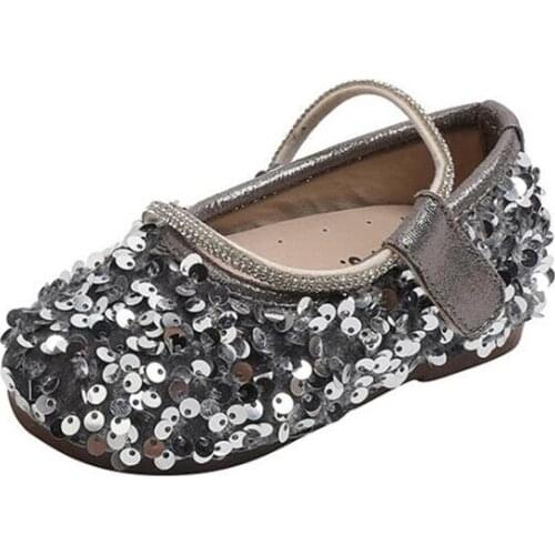Sequins Leather Shoes For Girls Soft-soled Princess Children Silver Breathable Toddler Loafer