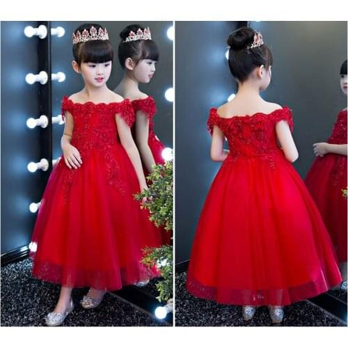 Red Flower Tulle Girl Dress Off Shoulder Princess Pageant Wedding Clothes Kids Bridesmaid Birthday Party Dress Evening Ball Gown