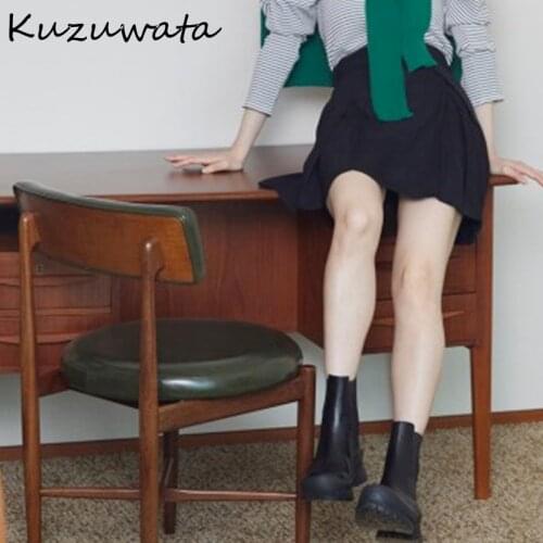 Kuzuwata 2021 Autumn New Women Jupe Japanese Temperament Commuter Falda High Waist Metal Button Belt Slim Solid Plaid Mini Skirt