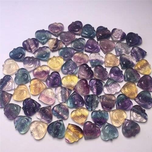 Cute Mini Size Natural Crystal Fluorite Carving Heart With Fox Statue Natural Stone Animal Healing Figurine Handmade Carved Gift