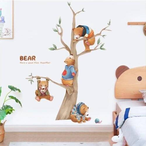 Cartoon Tree Climbing Bear Wall Stickers Home Decor Childrens Room Layout Bedroom Backdrop Wall Decoration 3D Decals Mural