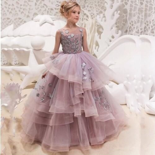 Sleeveless Ruffle Girls Pink First Communion Dresses Princess Ball Gowns Pink Flower Girls Puffy Dresses Birthday Party Dress