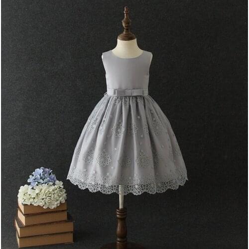 2021 Gray Bow Girls Dress Holiday Sleeveless O-Neck Princess Girl Vestido for Party Girl Clothes 3 4 6 8 10 12 Years RKF194029