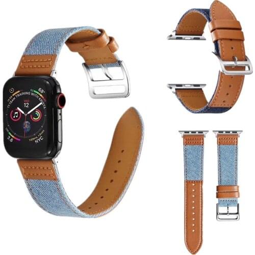 For Apple Watch 6 Band 44MM 42MM 40MM 38MM Simple Leather Canvas Stitching Bracelet Durable Strap for iWatch Series 6/5/4/3/2/SE