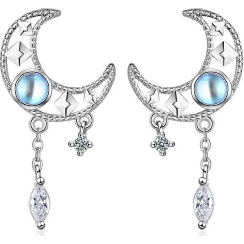 RINHOO Fashion Silver Color Hollow Moon Zircon Tassel Stud Earrings Elegant Colorful Moonstone Earrings For Women Jewelry