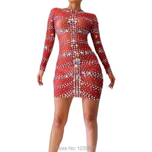 Silver Rhinestones Red Mesh Dress Evening Birthday Celebrate Stage Dance Stretch Transprant Dresses Women Dancer Clothing