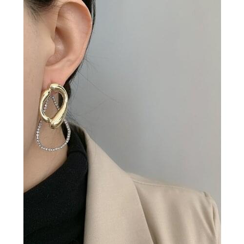 SRCOI Trendy Geometric Metal Earring Drop-Shaped With Zircon Textured Oval Dangle Drop Earring Women Creative Jewelry 202103