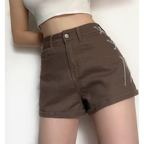 Women Casual High Waist Shorts Solid Color Trendy Wild Cross Chain Decor Summer Daily All Matching Retro Fit Denim Shorts