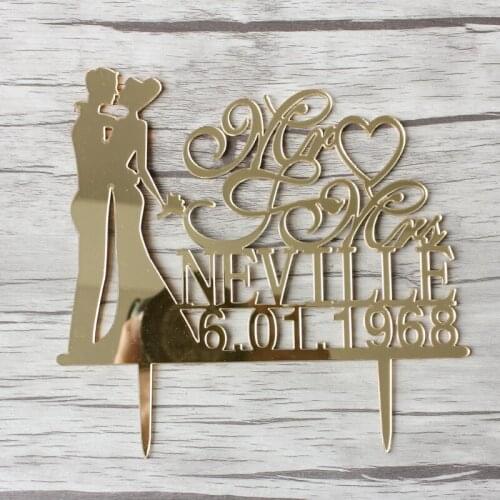 Wedding Couple Cake Decor,Accessories Mirror Gold Cake Topper for Wedding,Personalized Name & Date Gold Wood Wedding Cake Topper