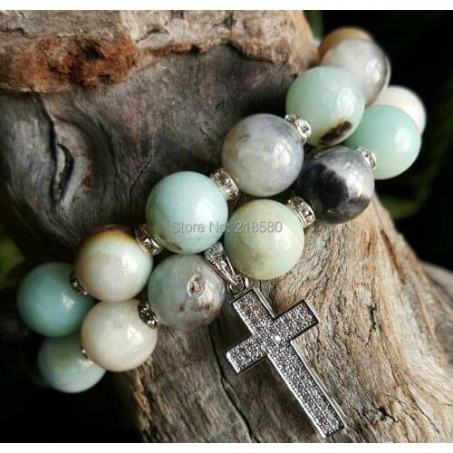 Tibetan Dzi Onyx Beads Pave CZ Tube and Cross Bracelets Set SE21566