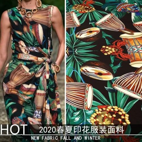 2020 spring and summer show clothing digital printing ethnic drum instrument DIY cloth simulation silk stretch satin fabric