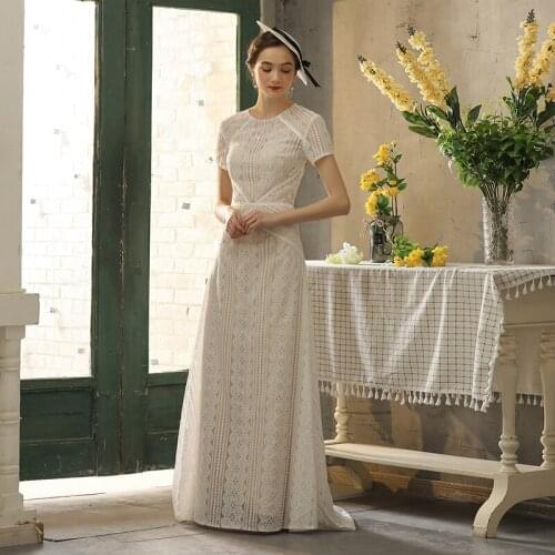 Vintage Boho High Quality Lace Bride Wedding Dress Short Sleeve Maid of Hornor Backless Sweep Brush Train Evening Dresses #1030