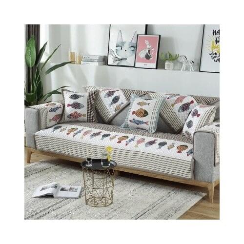 Four seasons universal cotton printed cartoon sofa cushion, Nordic simple lattice fish non-slip sofa cushion towel
