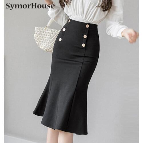 Plus Size High Waist Red Skirts Womens Pencil Skirt 2021 Elegant Korean Office Ladies Black double-breasted Mermaid Skirt Femme
