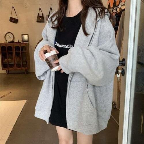 Hoodies Women Zipper All-match Solid Vintage Ulzzang Black Autumn Students Large Size 5XL Leisure Streetwear Chic Stylish Casual